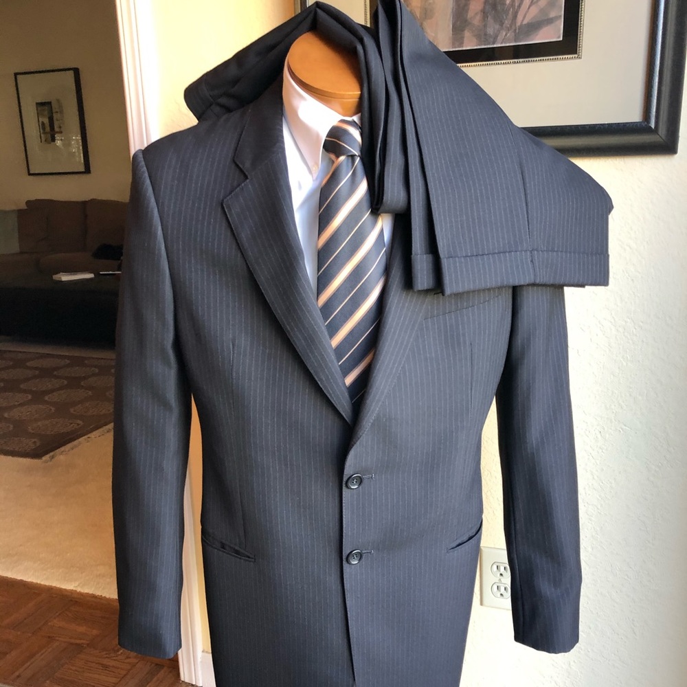 Armani Italian Wool Black Pinstripe Barney’s NYC